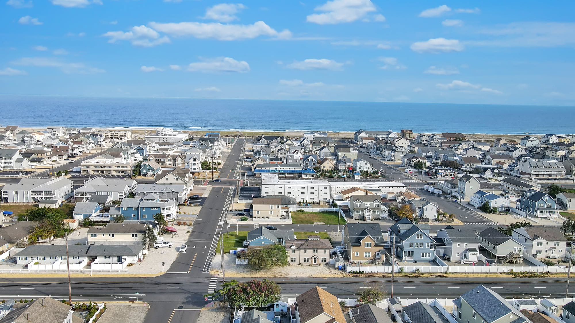 Aerial view of Ortley Beach, New Jersey with the ocean in the background