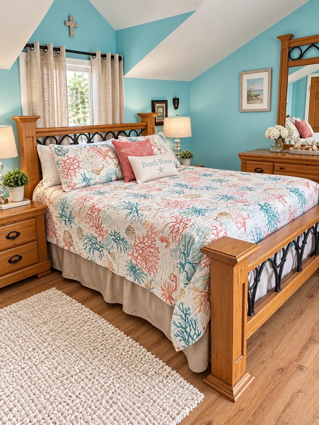 Bedroom with wood king bed and coral coastal quilt