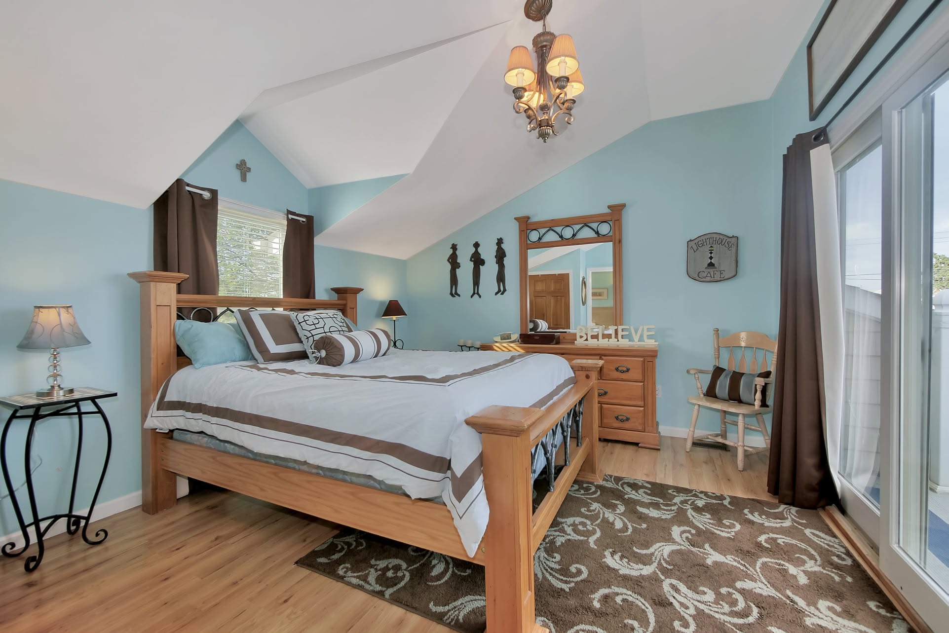 Bedroom with a navy accent wall