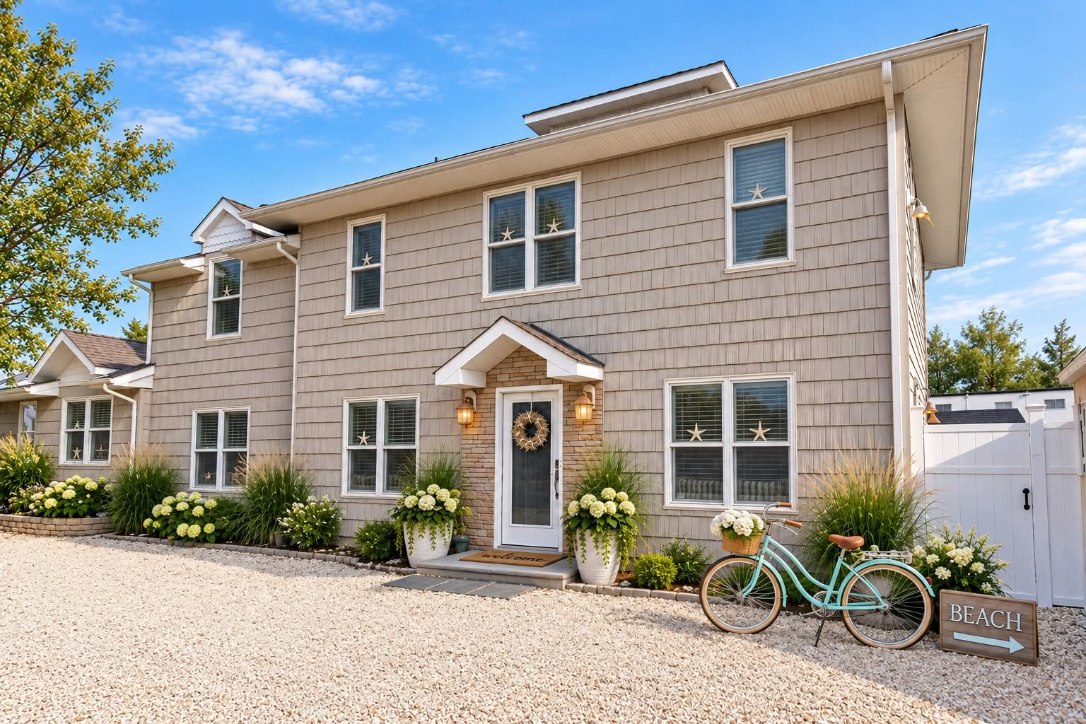 Front exterior of the Ortley Beach house with gravel driveway and beach cruiser bike